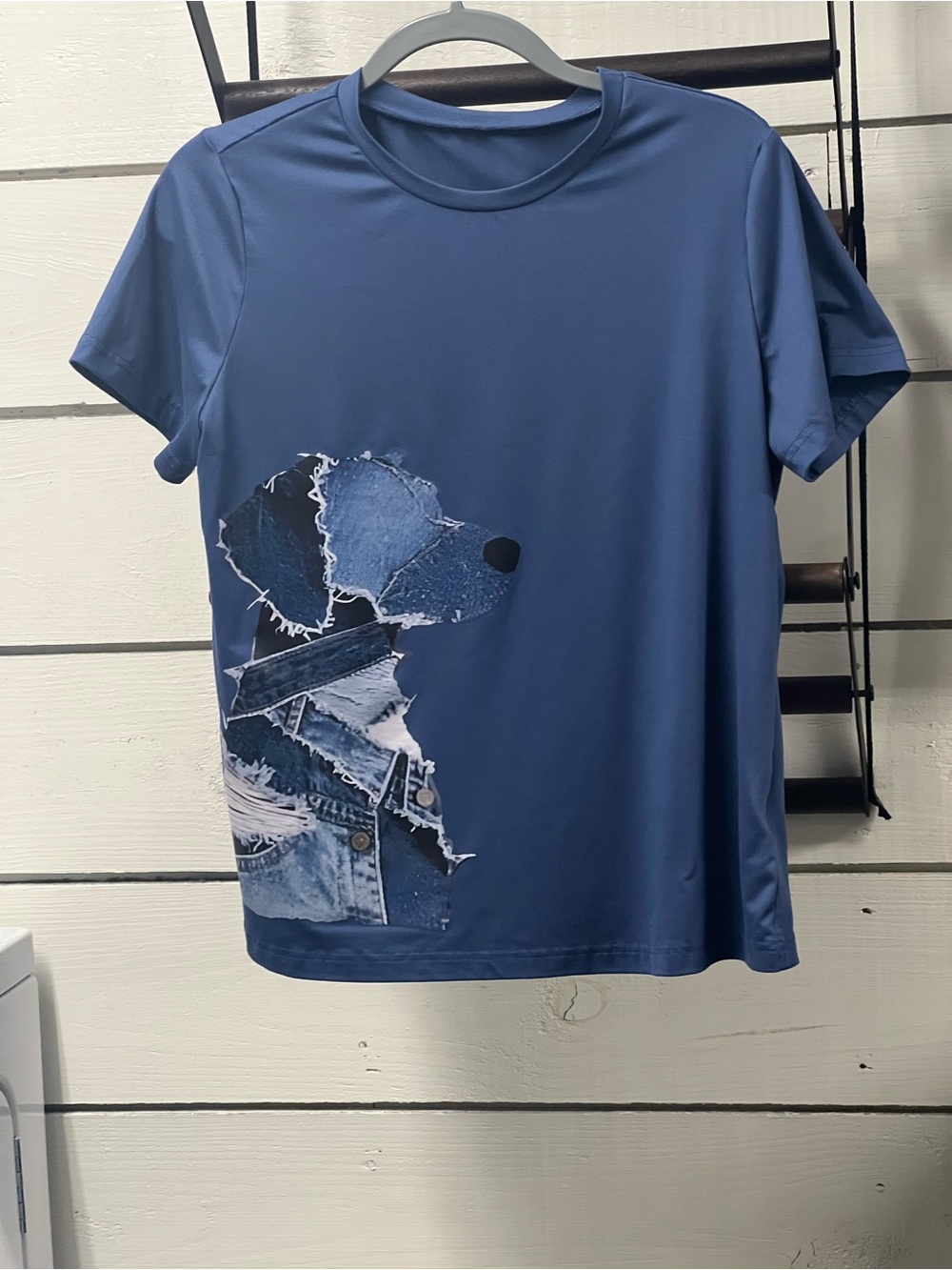 SHEIN Navy Blue Short Sleeve Tee with Denim Patch Dog Graphic
